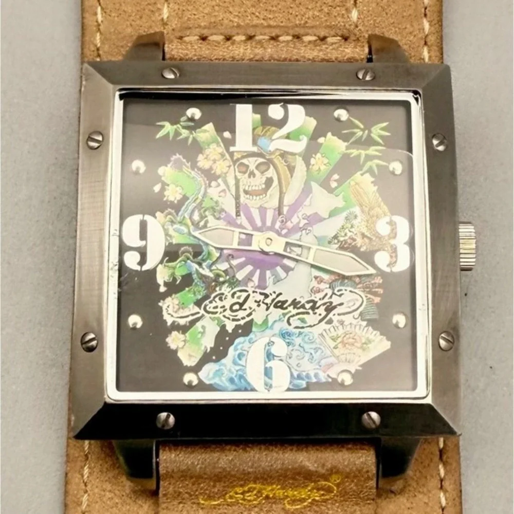 Ed Hardy Christian Audigier WA-JP0452 Skull 45mm Watch‎ Leather Runs Quartz
